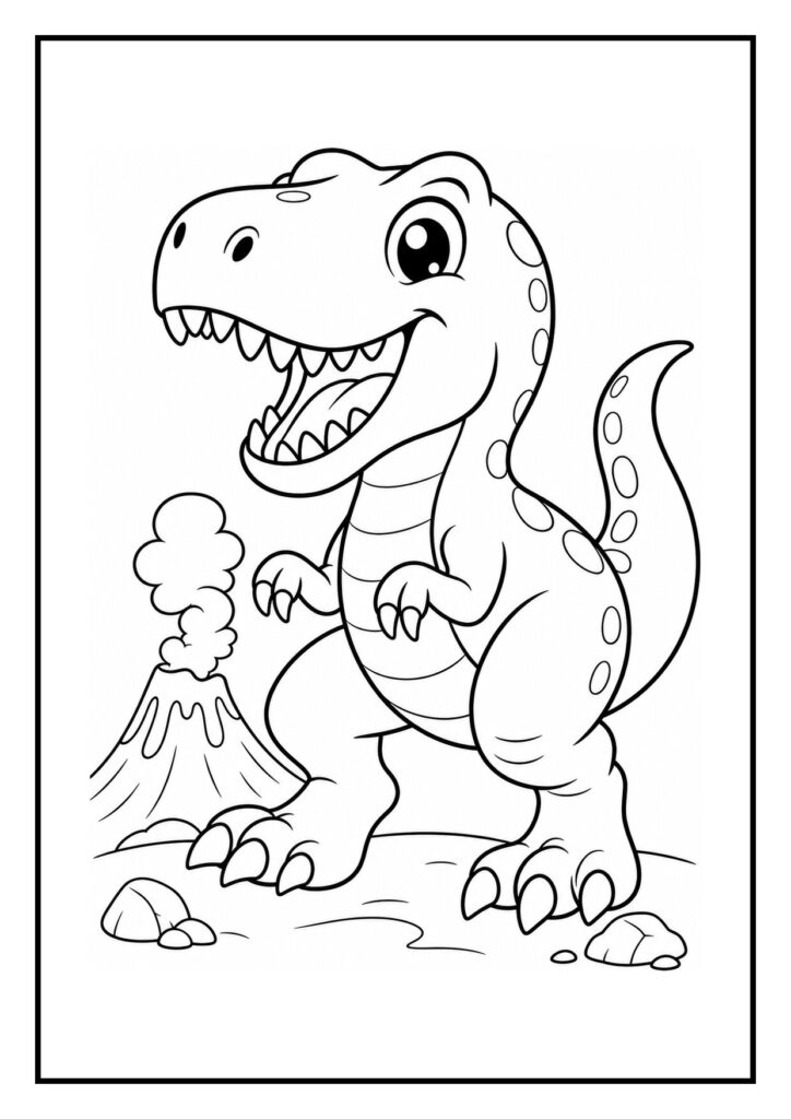 Schattige T-Rex kleurplaat met een vrolijke dinosaurus die een grote steen naar zijn nest draagt, met een vulkaan op de achtergrond.