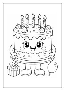 Kleurplaat van een glimlachende verjaardagstaart met vijf kaarsjes, een cadeau en een ballon.