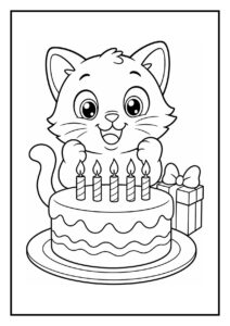 Een kleurplaat van een schattige kat die blij is met een verjaardagstaart met vijf kaarsjes en een cadeau ernaast.