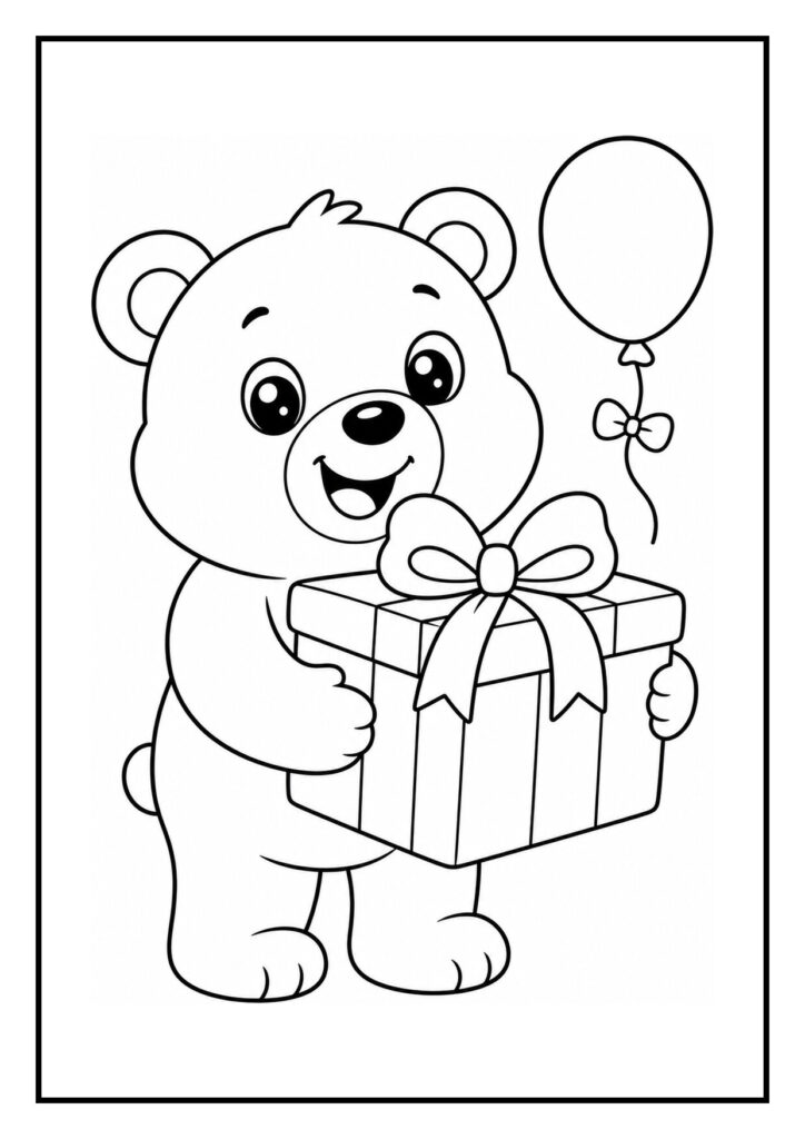 Kleurplaat van een schattige beer die een cadeau vasthoudt met een ballon, geschikt voor peuters.
