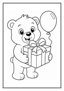 Leuke kleurplaat van een schattige beer die een cadeau en een ballon vasthoudt op een verjaardag