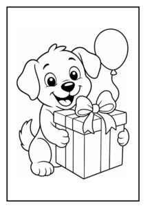 Kleurplaat van een vrolijke, schattige hond die een cadeau vasthoudt met een ballon erbij.