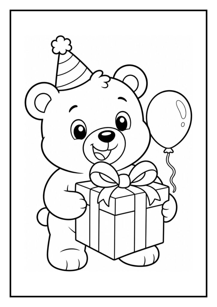 Schattige beer met feestmuts opent een cadeau en houdt een ballon vast op een verjaardag kleurplaat.