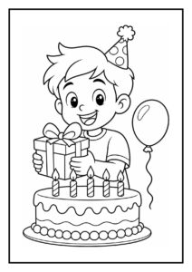Kleurplaat van een blije jongen met een verjaardagsmuts die een cadeau vasthoudt naast een taart met vijf kaarsjes en een ballon.