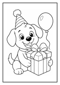 Kleurplaat van een vrolijke puppy met een feestmuts die een cadeau vasthoudt met een ballon ernaast