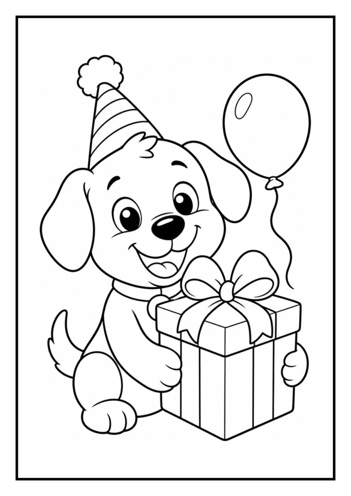 Kleurplaat van een vrolijke puppy met een feestmuts die een cadeau vasthoudt met een ballon ernaast