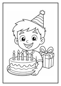 Kleurplaat van een lachende jongen met een verjaardagstaart en een cadeau, versiert met slagroom en een feesthoed op