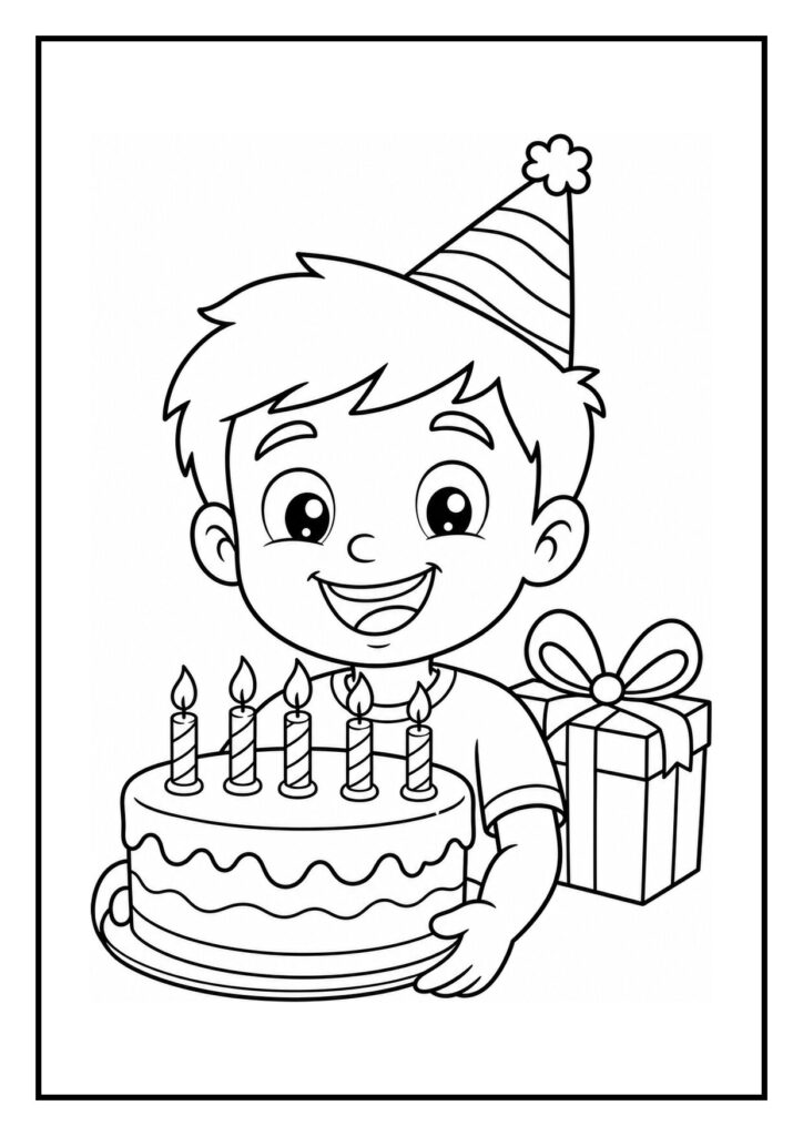 Kleurplaat van een lachende jongen met een verjaardagstaart en een cadeau, versiert met slagroom en een feesthoed op