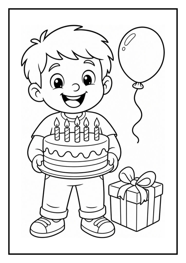 Vrolijke jongen met een verjaardagstaart, ballon en cadeau om in te kleuren