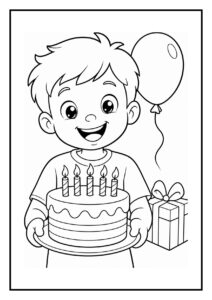 Een kleurplaat van een jongen die een taart met vijf kaarsjes vasthoudt, met een ballon en een cadeau op de achtergrond.