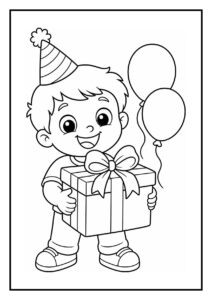Kleurplaat van een vrolijke jongen met een verjaardagshoed die een cadeau vasthoudt en twee ballonnen.