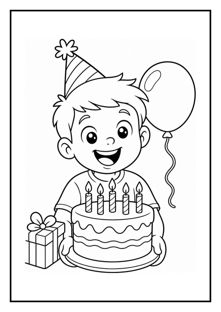 Jongen met een feestmuts die een verjaardagstaart met kaarsjes vasthoudt en een ballon en cadeau naast zich heeft.
