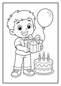 Kleurplaat van een jongen die blij een cadeau vasthoudt met een ballon en een verjaardagstaart met kaarsjes.