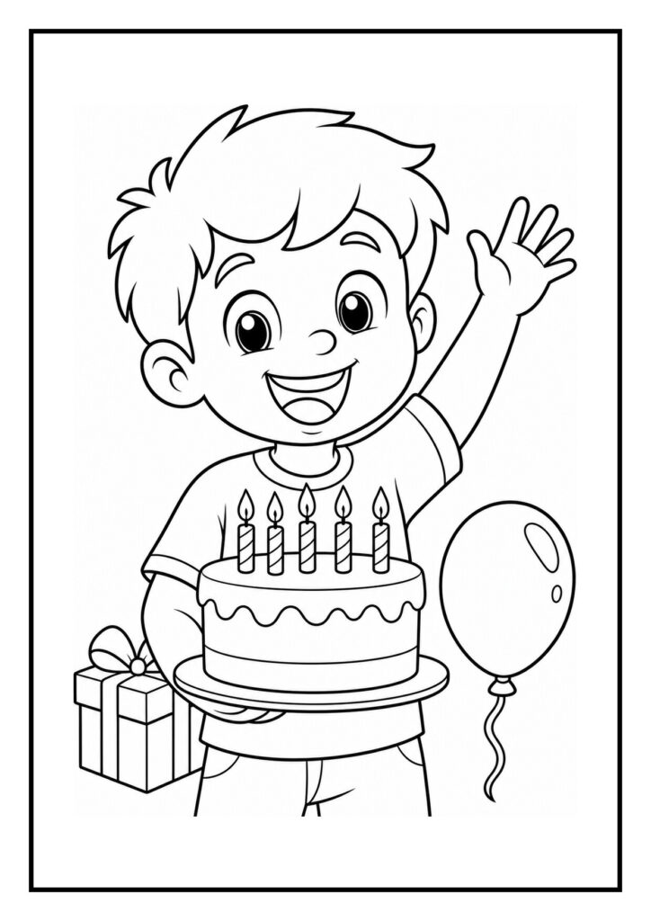 Kleurplaat van een jongen die een verjaardagstaart met vijf kaarsjes vasthoudt, met een cadeau en een ballon erbij.