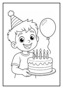 Kleurplaat van een jongetje met feestmuts dat een verjaardagstaart met vijf kaarsjes en een ballon vasthoudt