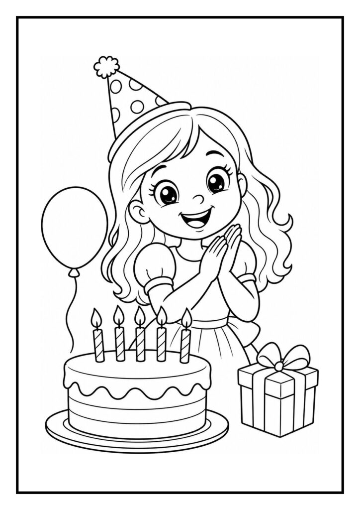 Kleurplaat van een meisje met verjaardagsmuts naast een taart met kaarsjes, een ballon en een cadeautje.