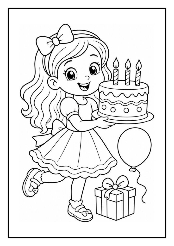 Kleurplaat van een vrolijk meisje dat danst met een verjaardagstaart, ballon en cadeau in een feestelijke setting met slingers.