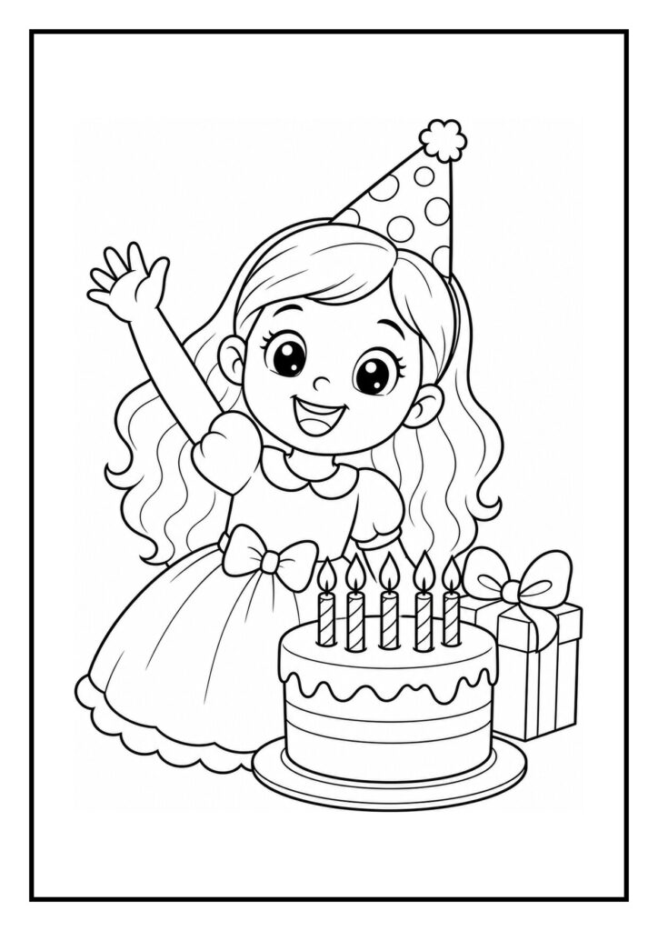 Kleurplaat van een vrolijk meisje met verjaardagsmuts, verjaardagstaart met sprinkles en kaarsjes, en een cadeau naast haar