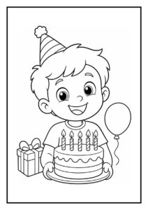 Kleurplaat van een jongen met een verjaardagsmuts die een taart met vijf kaarsjes houdt, omringd door een cadeau en een ballon.