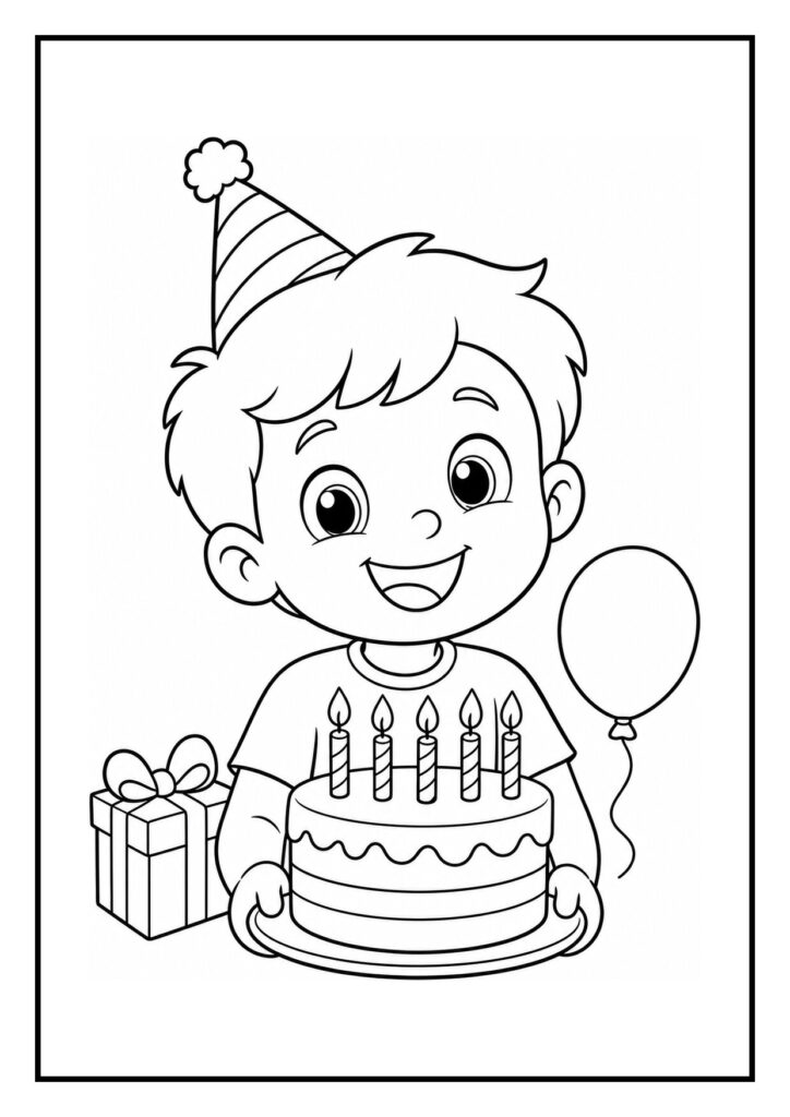 Kleurplaat van een jongen met een verjaardagsmuts die een taart met vijf kaarsjes houdt, omringd door een cadeau en een ballon.