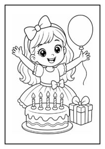 Kleurplaat van een meisje met een feestelijke verjaardagstaart, een ballon en een cadeau.