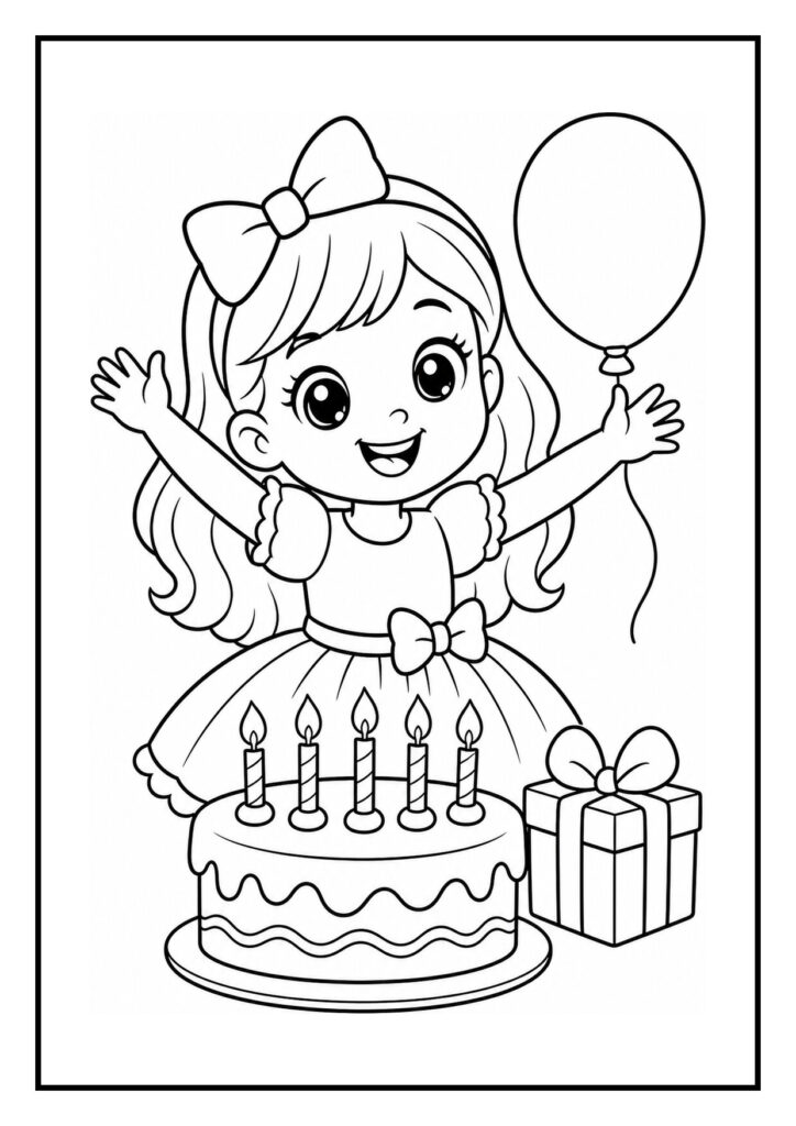 Kleurplaat van een meisje met een feestelijke verjaardagstaart, een ballon en een cadeau.