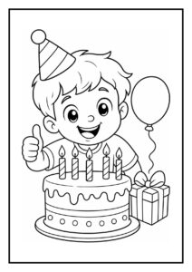 Kleurplaat van een jongetje met verjaardagstaart, verjaardagsmuts, ballon en cadeau aan feesttafel
