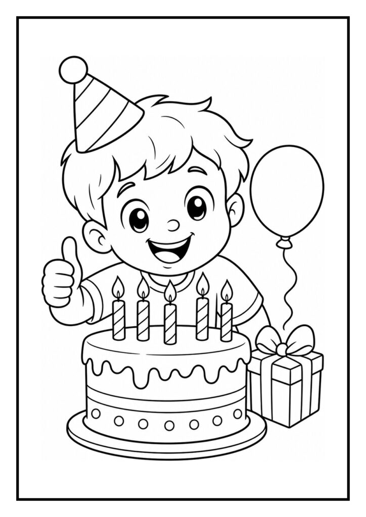 Kleurplaat van een jongetje met verjaardagstaart, verjaardagsmuts, ballon en cadeau aan feesttafel