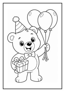 Leuke kleurplaat van een feestelijke beer met een feesthoedje, ballonnetjes en een cadeau in handen bij een grote verjaardagballonboog.