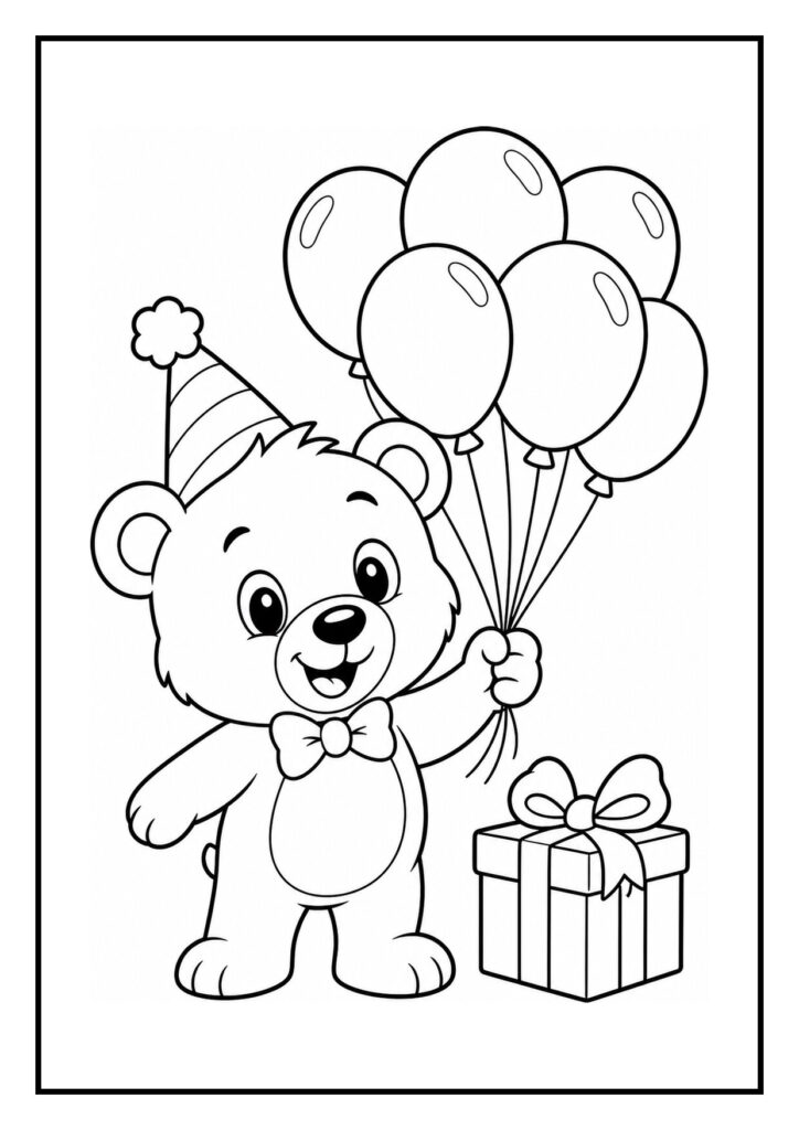 Kleurplaat van een feestelijke panda die ballonnen vasthoudt en knoopt aan een verjaardagscadeau