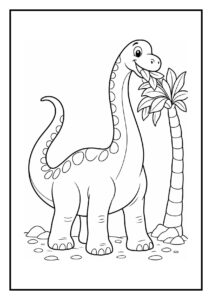 Leuke kleurplaat van een vrolijke diplodocus die bladeren eet van een palmboom