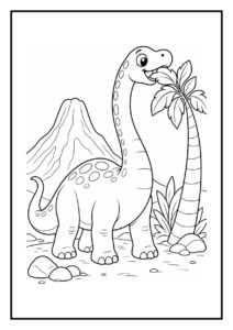Vrolijke diplodocus die bladeren eet naast een kleine brug en een stroom met vulkaan en palmbomen op de achtergrond