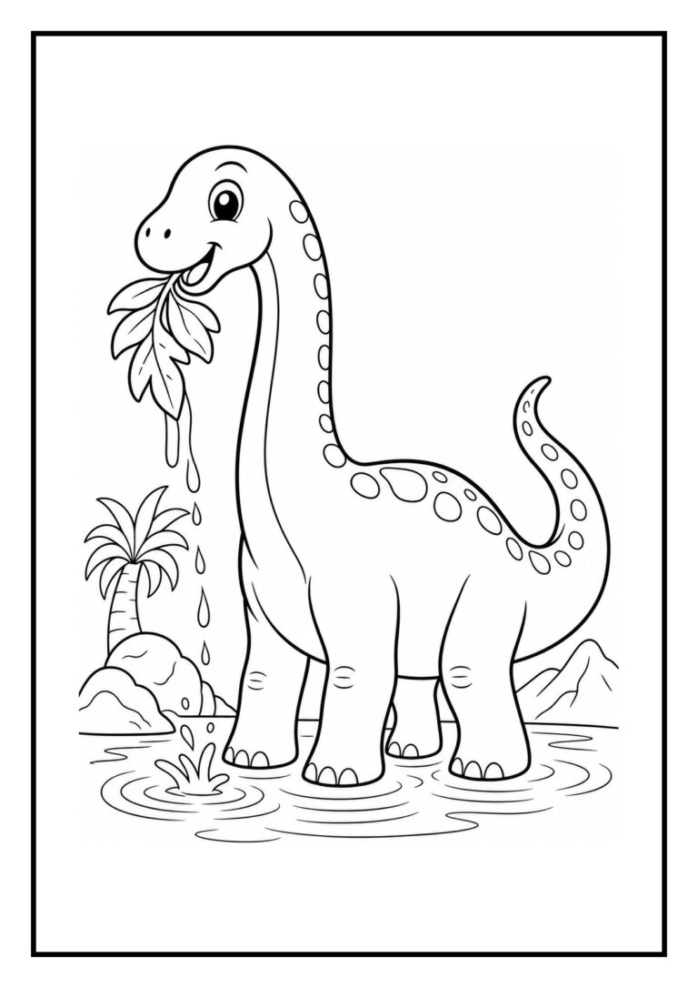 Vrolijke diplodocus die bladeren eet bij een meer met palmboom en bergen op de achtergrond