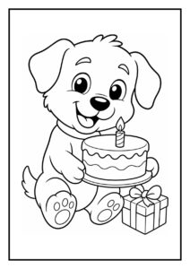 Kleurplaat van een schattig hondje dat een verjaardagstaart met een kaars vasthoudt en een cadeau naast zich heeft.