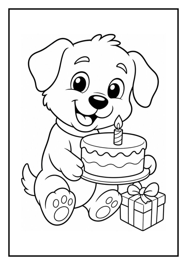 Kleurplaat van een schattig hondje dat een verjaardagstaart met een kaars vasthoudt en een cadeau naast zich heeft.
