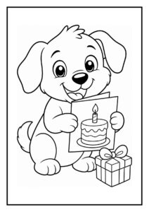Kleurplaat van een schattige hond met een verjaardagskaart, een taart en cadeau, met ballonnen die het naamvak omhoog trekken.