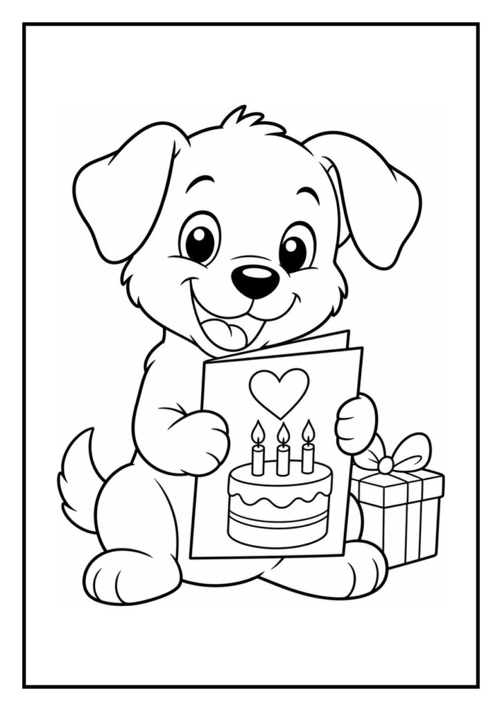 Kleurplaat met een schattige hond die een verjaardagskaart vasthoudt en naast een taart en cadeau zit