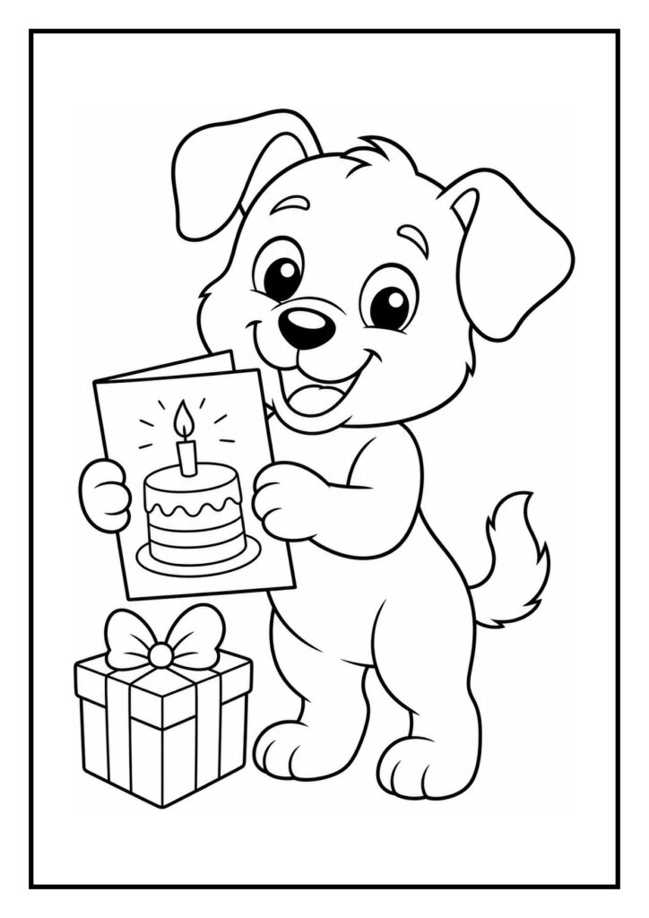 Kleurplaat van een schattige hond die een verjaardagskaart vasthoudt met een verjaardagstaart en een cadeaupakket naast zich