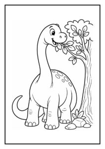 Schattige Diplodocus die vrolijk springt bij een kleine rivier in een bosrijke omgeving kleurplaat