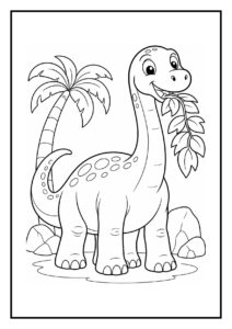 Vrolijke diplodocus kleurplaat van een dinosaurus die met zijn lange nek naar hoge bladeren reikt.