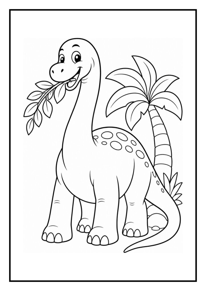 Kleurplaat van een schattige Diplodocus die blaadjes eet met een palmboom en een rollende heuvel op de achtergrond