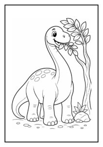 Leuke diplodocus kleurplaat voor kinderen met een vrolijke dinosaurus die blaadjes eet naast een boom in een bosrijke omgeving