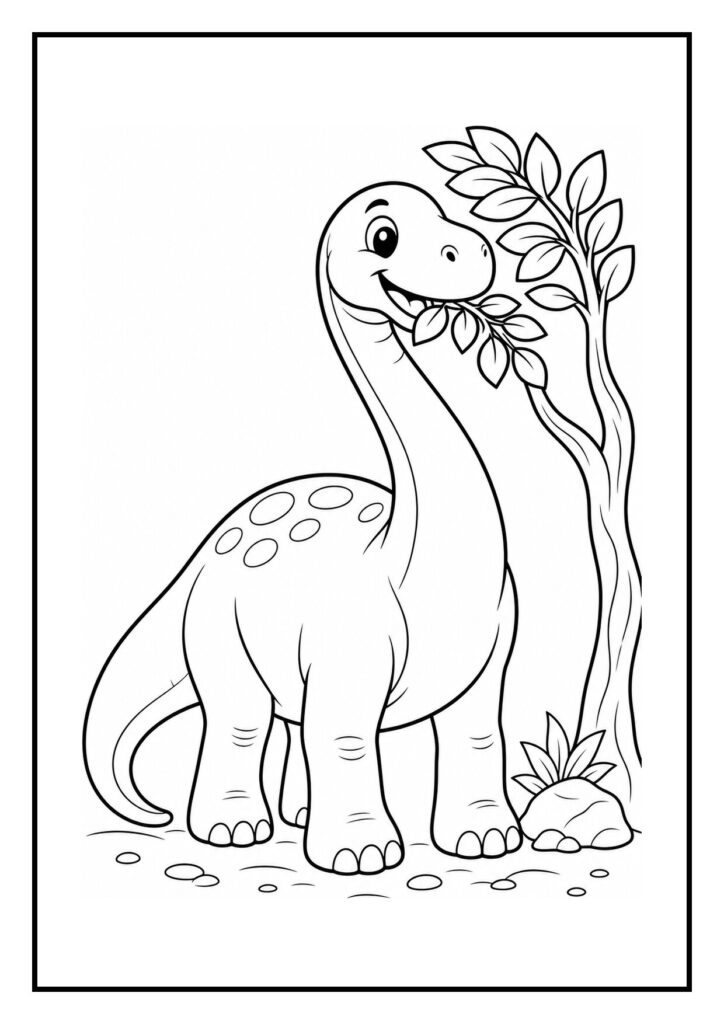 Leuke diplodocus kleurplaat voor kinderen met een vrolijke dinosaurus die blaadjes eet naast een boom in een bosrijke omgeving