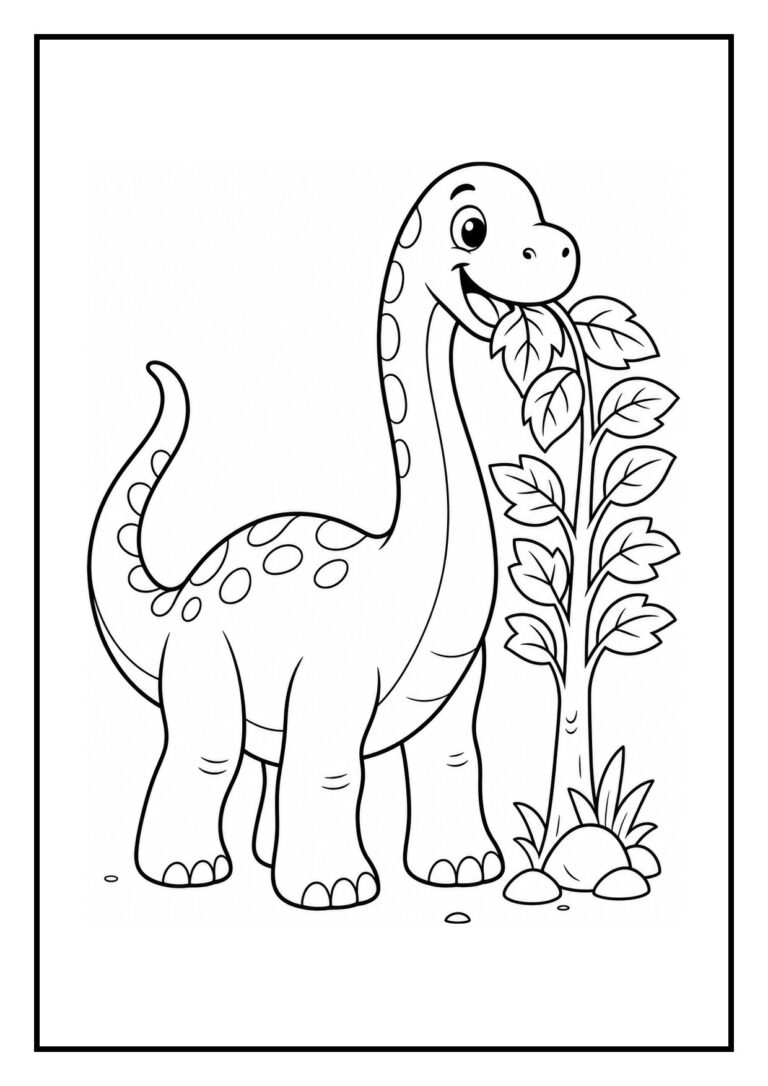 Kleurplaat van een apatosaurus die een klein jong thuis draagt in een bosrijke omgeving