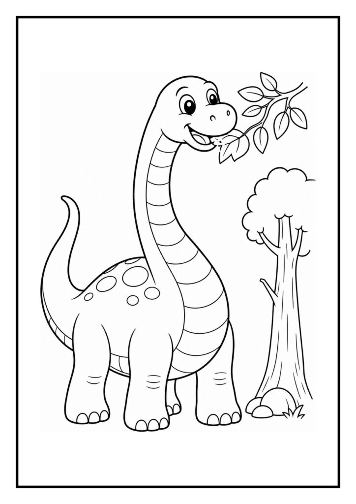 Leuke kleurplaat van een vrolijke diplodocus die blaadjes eet bij een boom in het bos