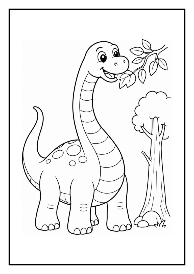 Leuke kleurplaat van een vrolijke diplodocus die blaadjes eet bij een boom in het bos