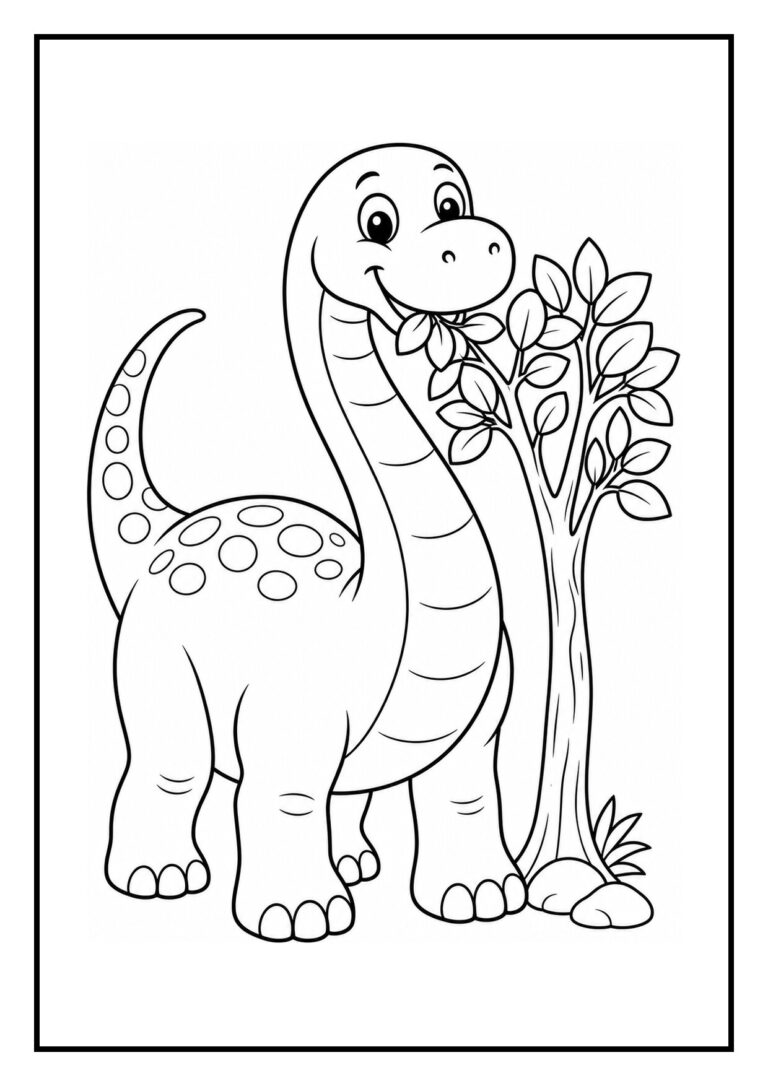 Vrolijke Apatosaurus die blaadjes eet en spettert bij een kleine vijver in het bos
