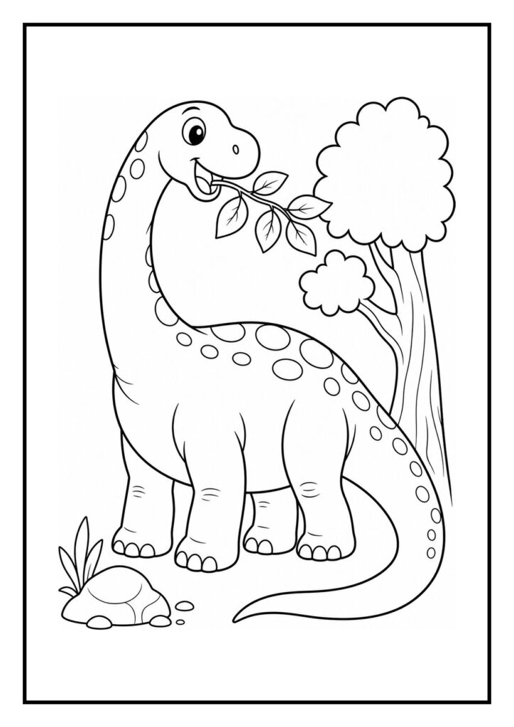 Kleurplaat van een vrolijke Apatosaurus die zich uitrekt na een kort dutje in het bos met bladeren.