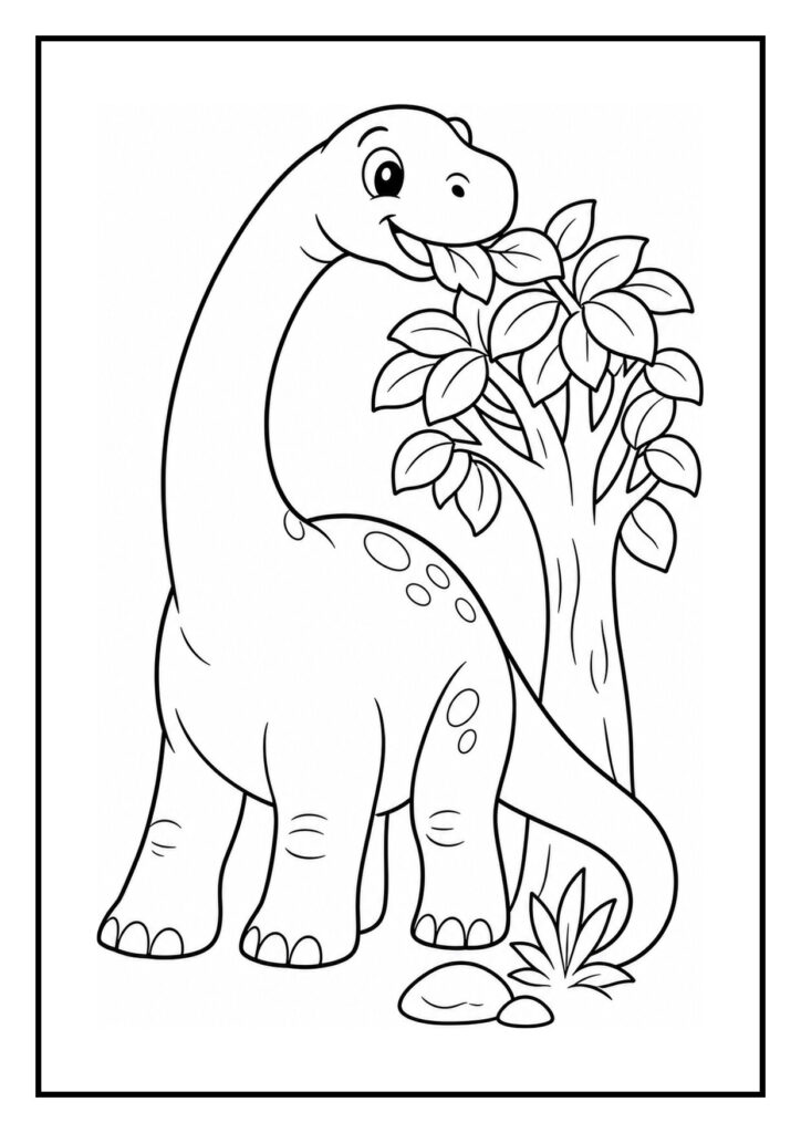 Leuke kleurplaat van een vrolijke diplodocus die bladeren eet bij een boom in het bos