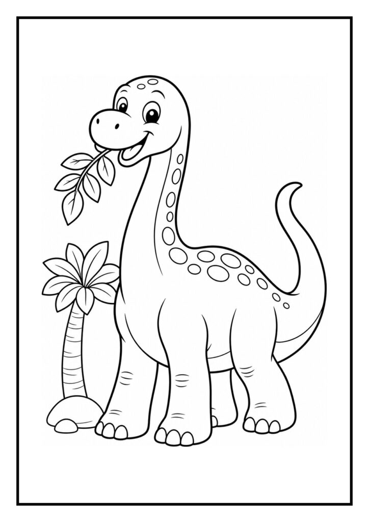 Vrolijke Apatosaurus kleurplaat met een dinosaurus die een blad eet naast een boom in een bosrijke omgeving.